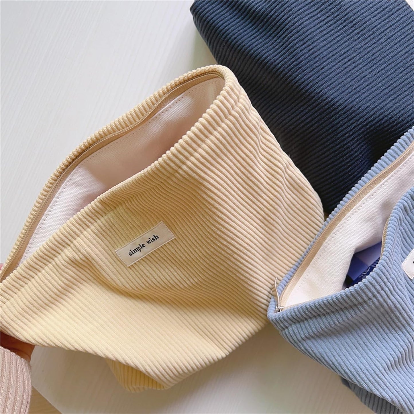 Wudygirl Makeup Bag Large Capacity Cosmetic Bag Travel Makeup Pouch Cute Toiletry Bag for Women Makeup Bag Organizer Handbags Purses Zipper Pouch Corduroy (Light Yellow)