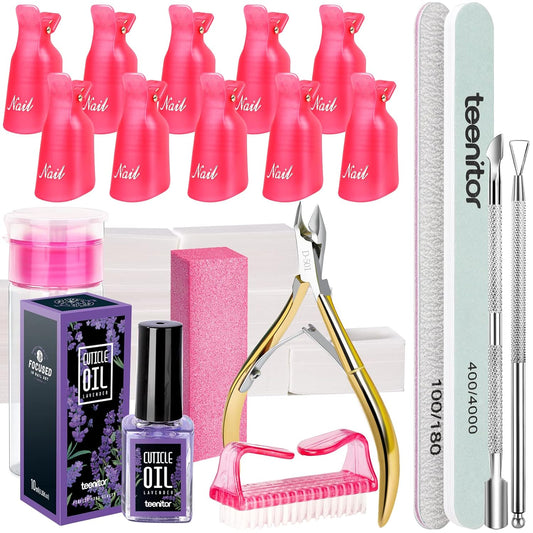 Teenitor Gel Polish Remover Kit, Nail Clips, Cuticle Nipper Cuticle Pusher, Nair Care Cuticle Oil, Teenitor Nail Gel Polish Dipping Powder Remover Tools Kit Pink