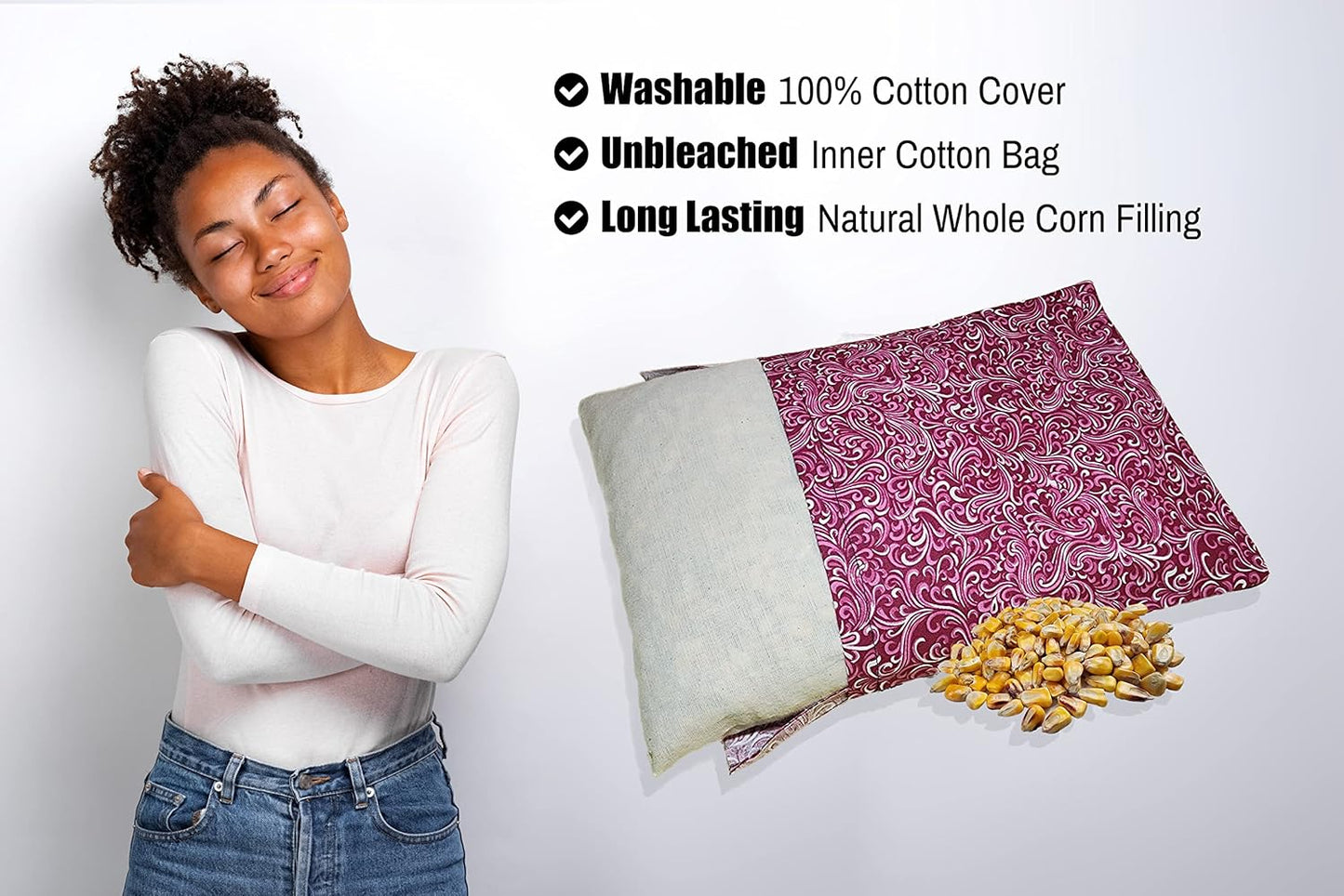 Microwavable Corn Filled Heating Pad and Cold Pack/Washable 100% Cotton Cover (Breezy - Raspberry, 7.5in W x 11in L)
