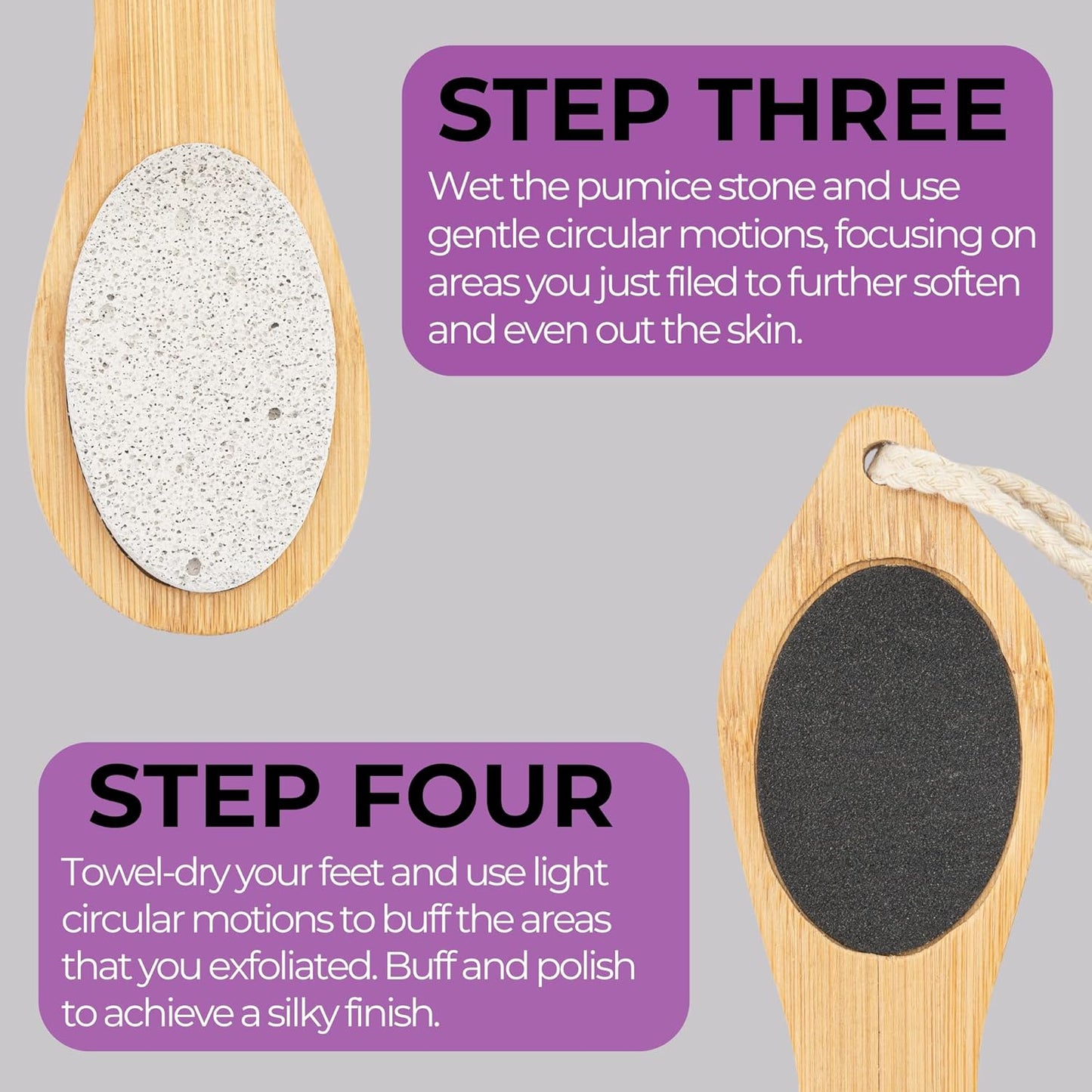 Dermasuri 4 in 1 Exfoliating Foot Scrub Kit - Multi Purpose Foot Care - Natural Bamboo Pedicure Foot Spa Kit - Pumice Stone Callus Remover, Stainless Steel File, Sand Paper Surface, & Dry Brush