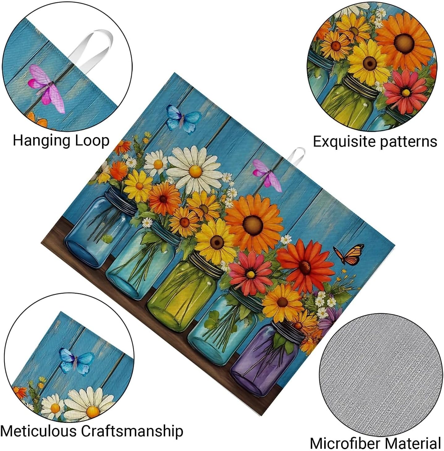 Dish Drying Mat For Kitchen Counter, Vintage Daisy Flower Microfiber Absorbent Dish Drainer Rack Pad Reusable Large 18x24in Drying Mat