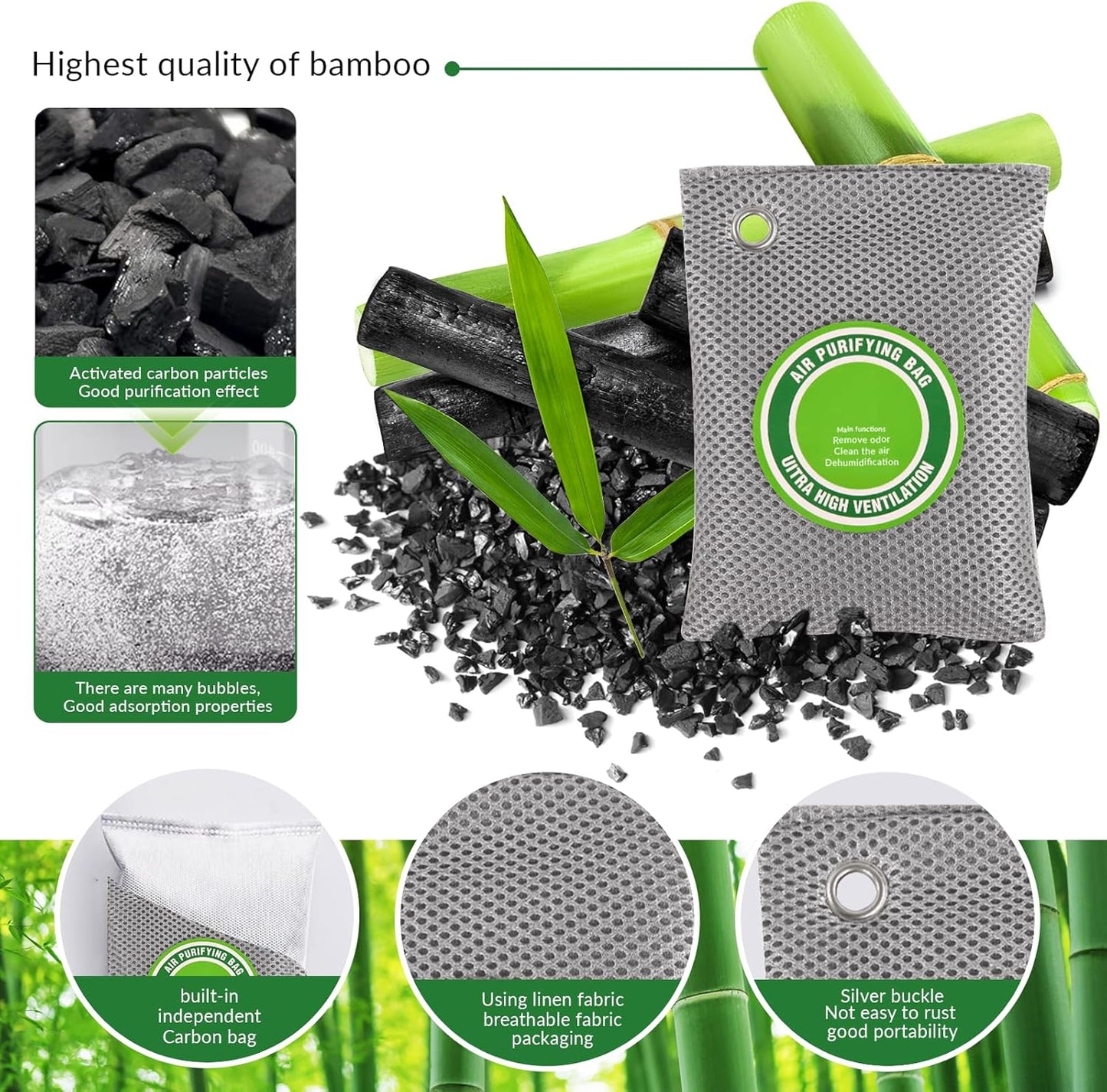 4 Pack charcoal odor absorber,Bamboo Charcoals Air Purifying Bag Charcoals Deodorizer Eliminator for Strong Odors in Car, Closet, Shoe, Basement (200G*4 Pack Gray, Unscented)