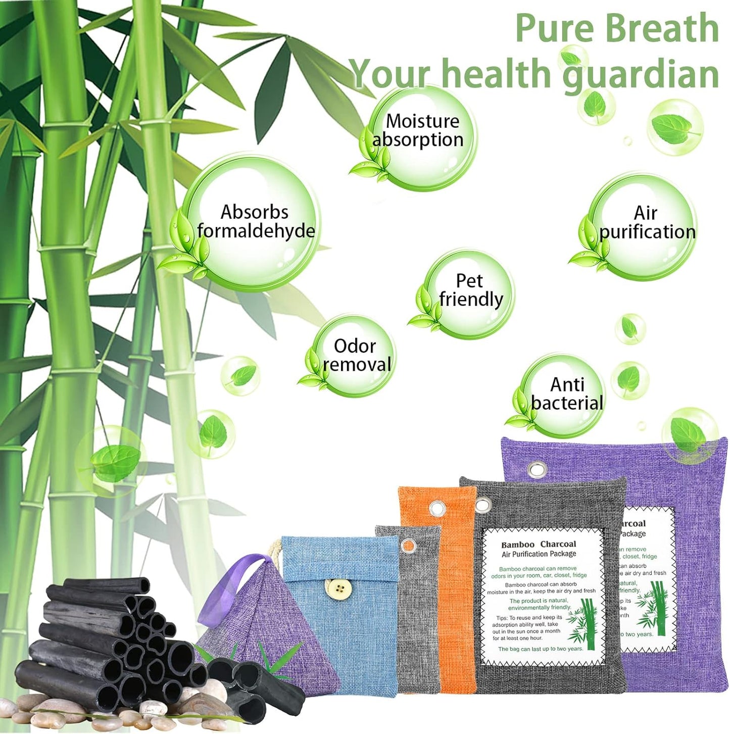 Bamboo Charcoal Bags Odor Absorber 4 Pack×500g Bamboo Charcoal Air Purifying Bags, for Car Air Fresheners, Odor Eliminator for Home，Shoe Deodorizer - Colorful-Activated Charcoal Odor Absorbers