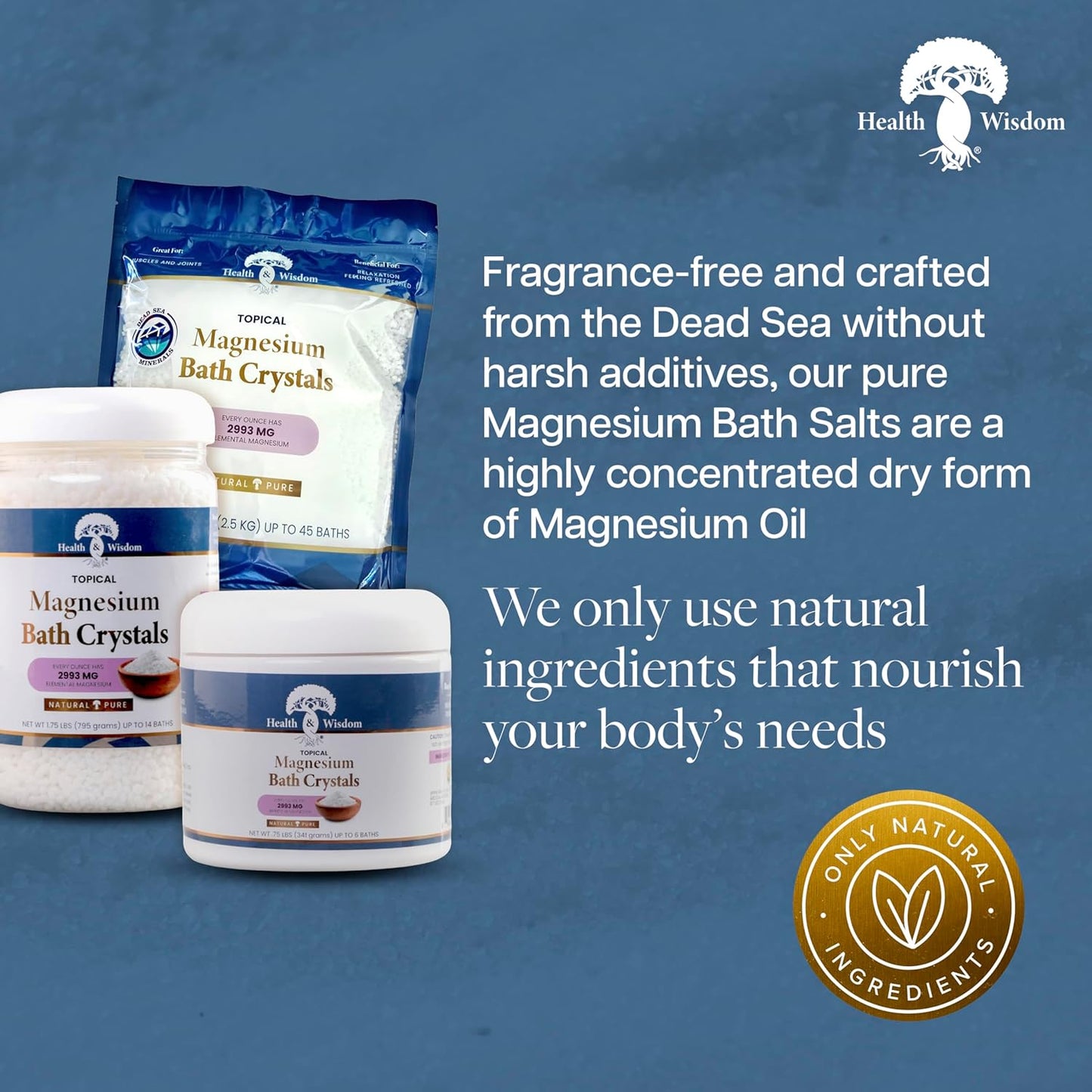 Health and Wisdom Magnesium Bath Crystals - Bath Salts with High Concentration & Enhanced Absorption for Muscle & Joint Relief - Dead Sea Sourced - Unscented - 1.75 lbs - Up to 14 Uses