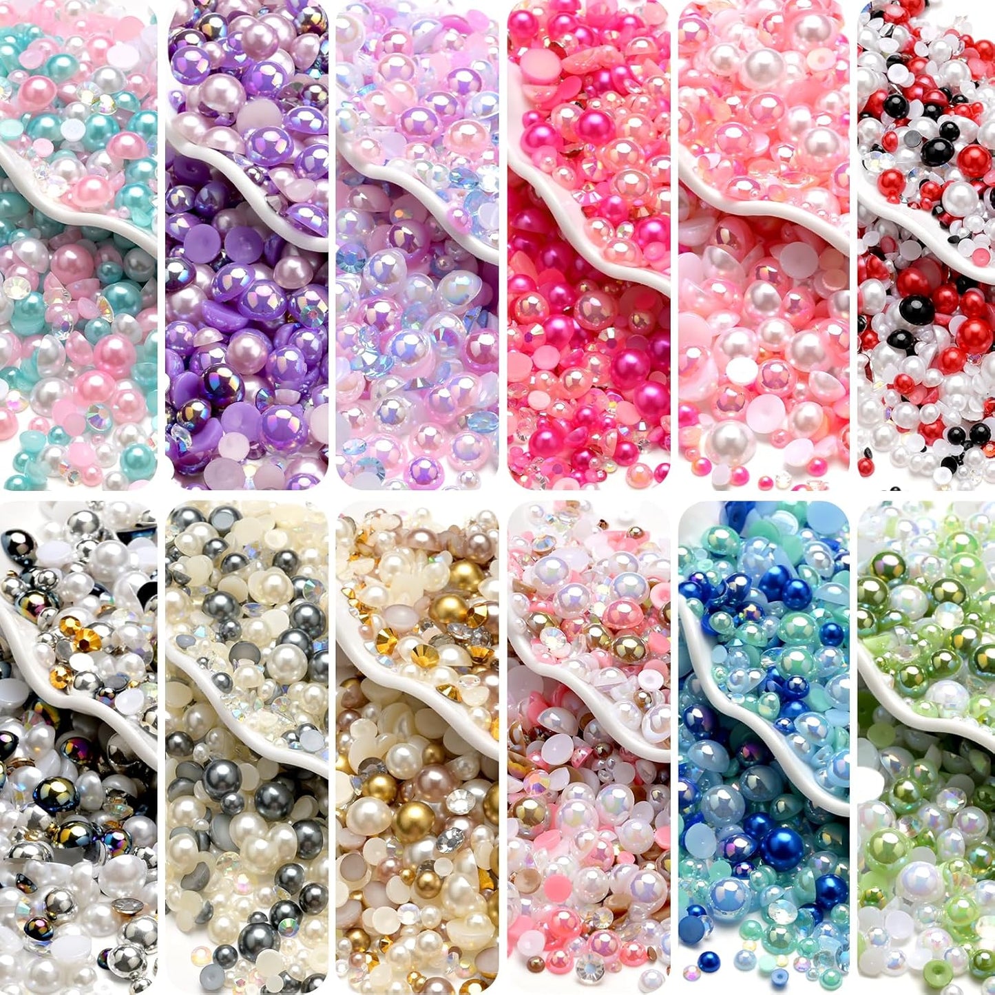 80g Mix Flatback Pearls and Rhinestones for Crafts Black White Mixed Size 2mm-10mm Half Round Pearls Rhinestones for Nail Art Tumblers Shoes DIY Bedazzling with Tweezers Wax Pen
