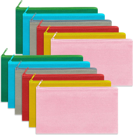 12 Pieces Cotton Canvas Makeup Bag, Multipurpose Cosmetic Bag with Zipper Travel Toiletry Pouch, Blank DIY Craft Bag (Multicolored A, S)