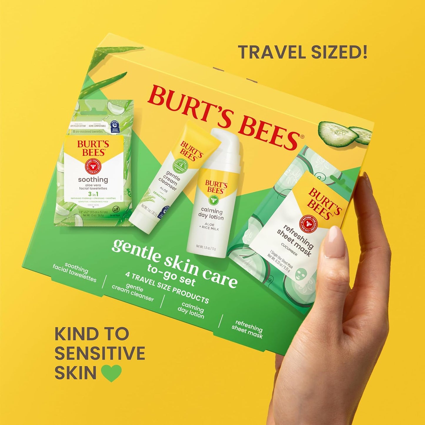 Burt's Bees Gentle Skin Care To-Go Set, Includes Cleanser, Towelettes, Lotion and Sheet Mask, Travel Size Facial Skin Care Products for Sensitive Skin, Natural Origin, 1 Gift Set