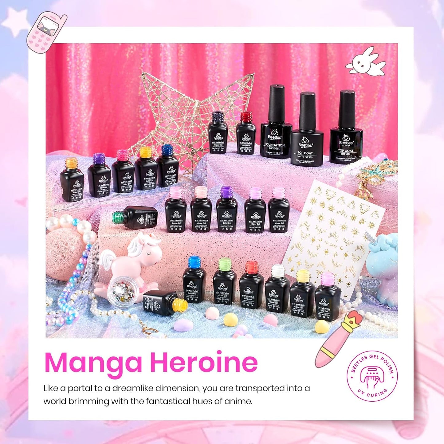 Beetles Gel Nail Polish Set - 20 Colors Pink White Black Yellow Red Glitter Gel Polish Kit with Nail Stickers Nail Rhinestones 3Pcs Base Top Coat Gift for Women Girls