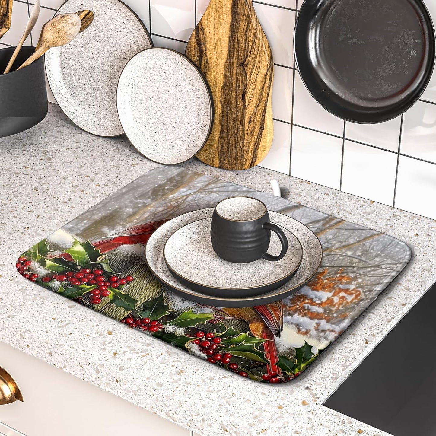 Winter Birds Dish Drying Mat Red Berry Dish Drainer Rack Mat Microfiber Absorbent Dish Drying Pad for Kitchen Counter Coffee Bar 16x18 Inch