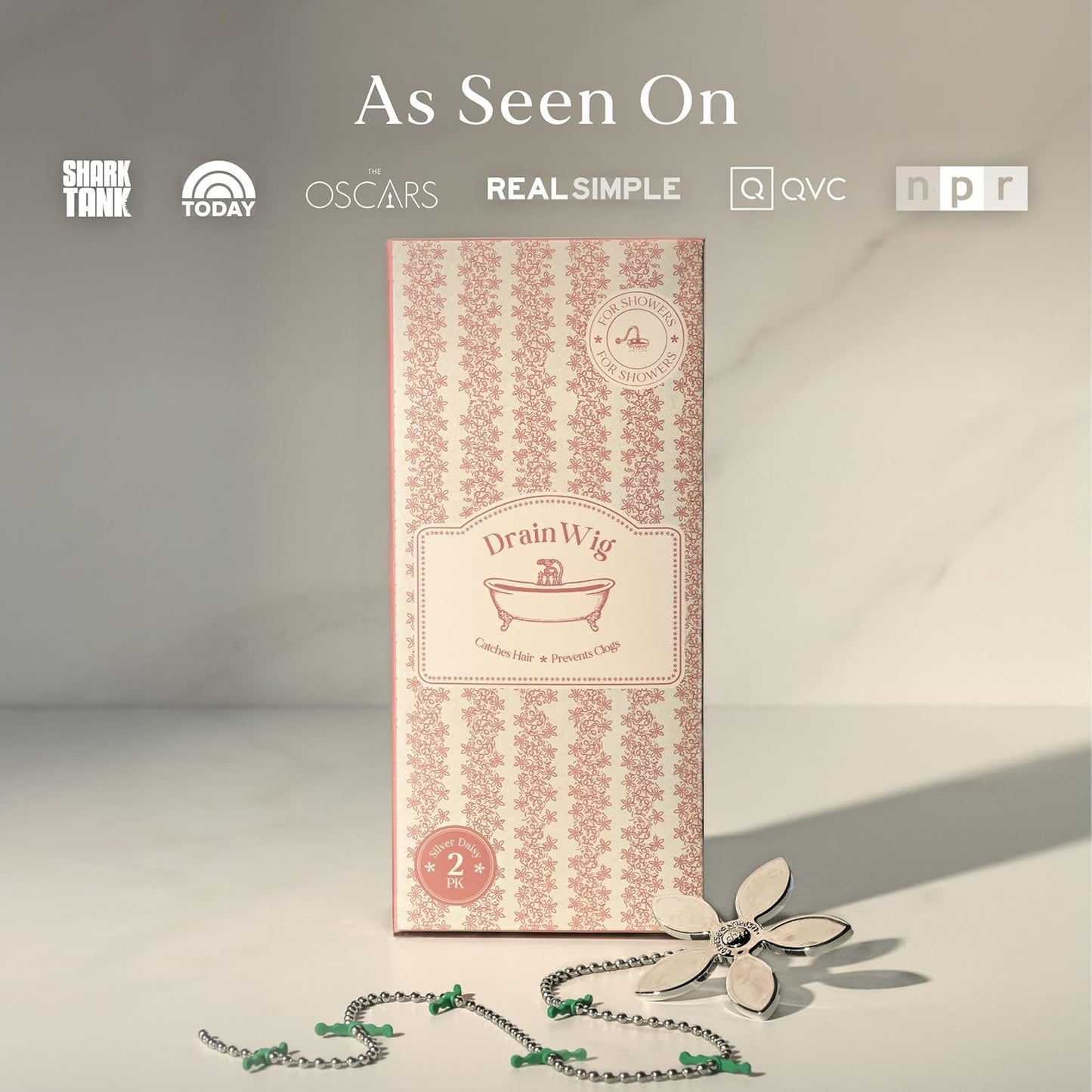 DrainWig Shower Drain Hair Catcher – Disposable Silver Flower (4-Pack) – No-Touch Hair Removal for Flat Shower Drains – As Seen on Shark Tank