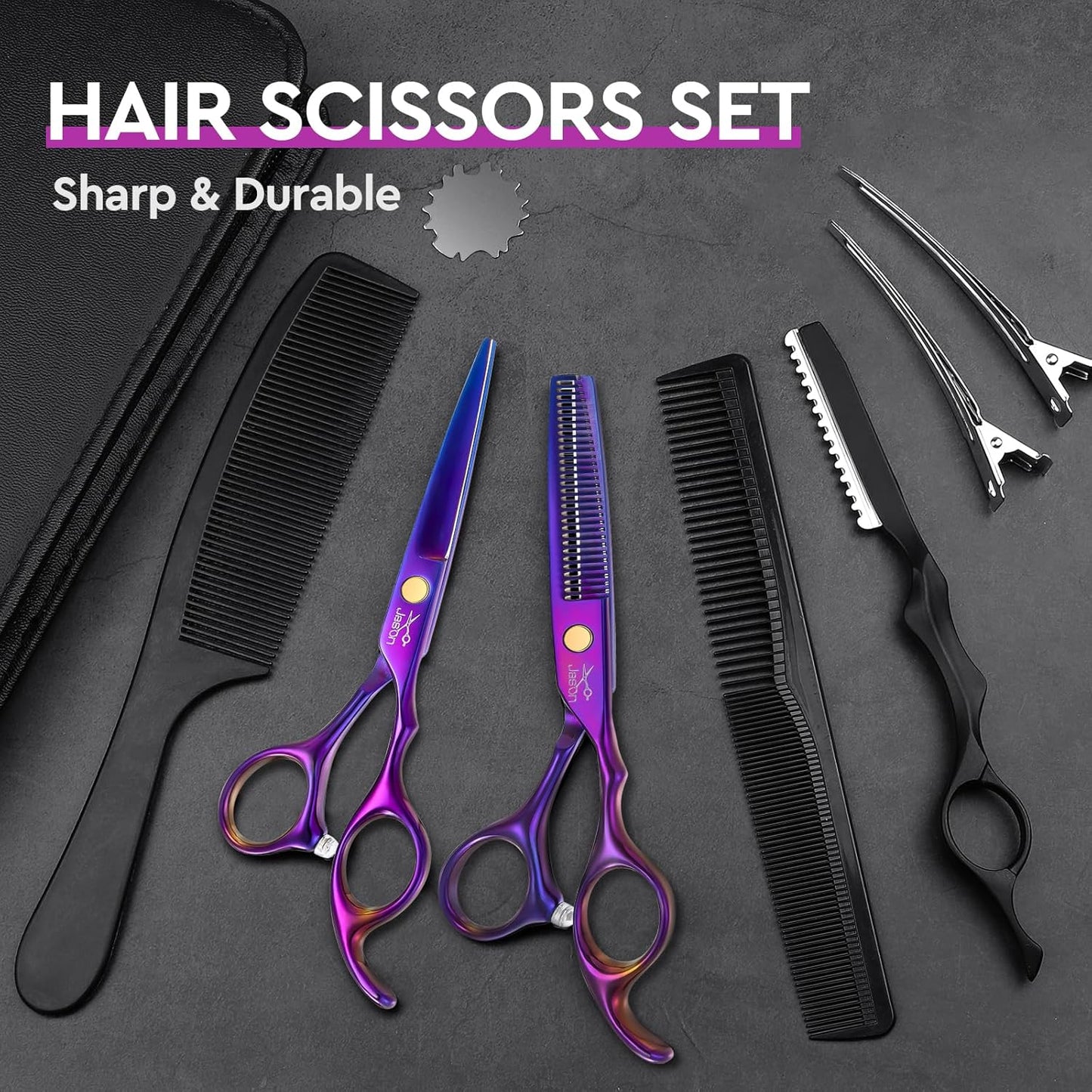 JASON Hair Scissors Professional - 10 PCS Haircut Scissors Set, Thinning Shears for Hair Cutting with 30 Teeth, Straight Shears for Men Women Home Salon Barber (6.7", Purple)