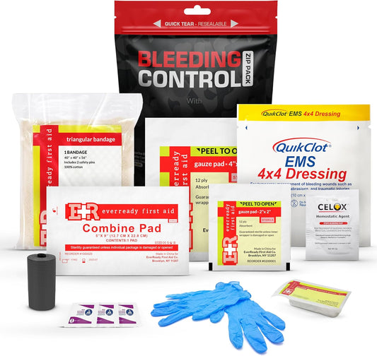 Bleeding Control Zip Pack with QuikClot, Celox, Gauze Pads, Triangular Bandage, BZK Wipes, Nitrile Gloves, Tape – Trauma First Aid Kit for Emergency Use