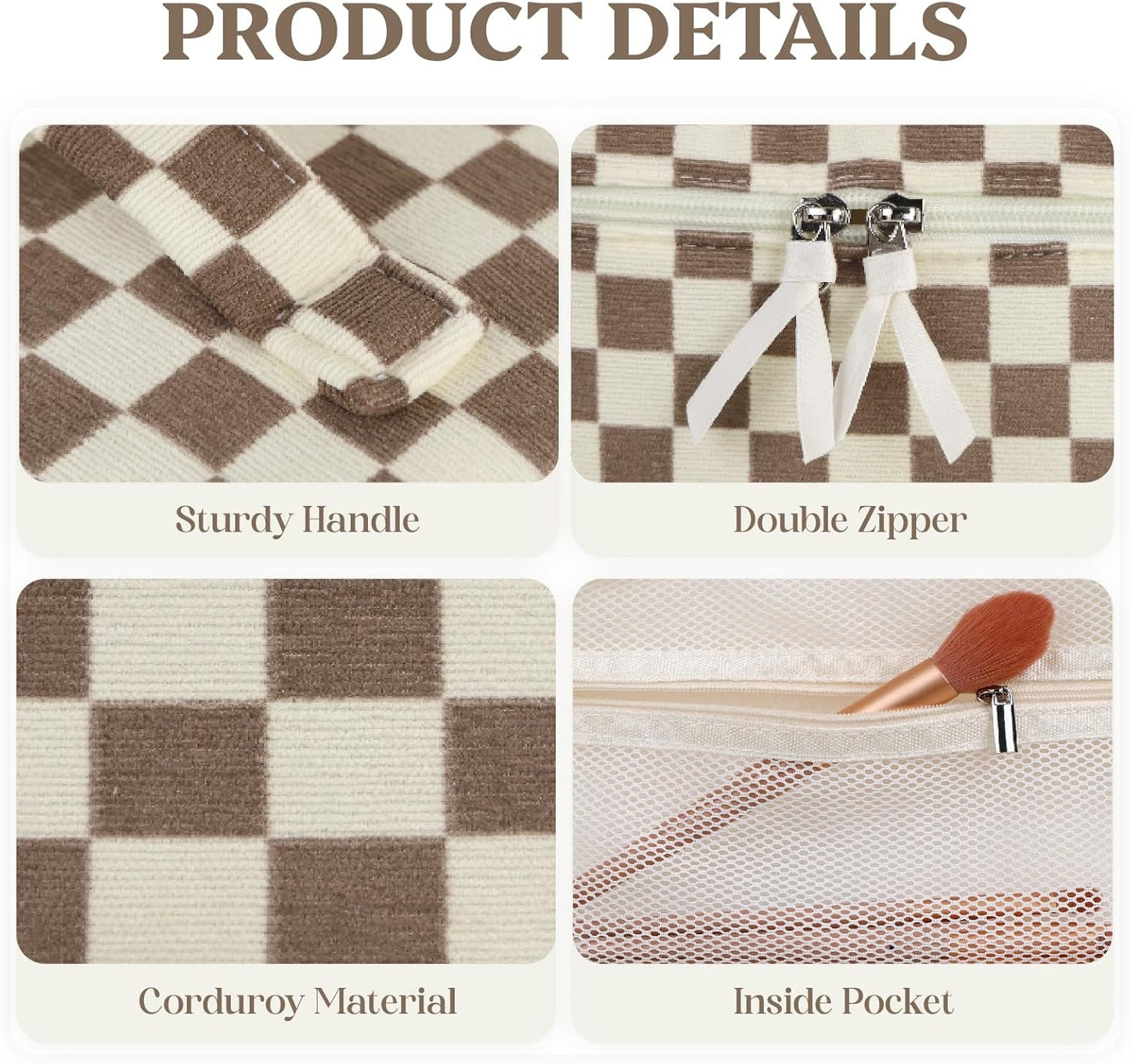 Prite Corduroy Makeup Bag Quilted Makeup Bag Large Floral Cosmetic Bag for Women Cute Travel Toiletry Bag with Handle(Light Checkerboard)