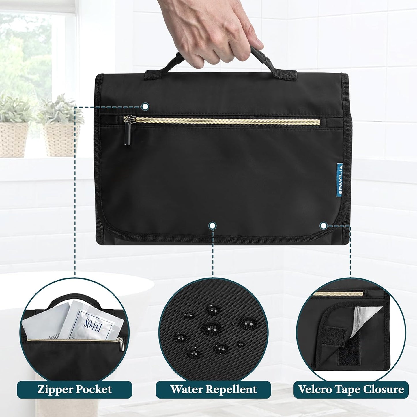 PAVILIA Hanging Toiletry Bag Women Men, Travel Kit Foldable Large Toiletries Organizer, Roll up Cosmetics Makeup Bag Accessories, Waterproof Essentials Jewelry Case (Black)