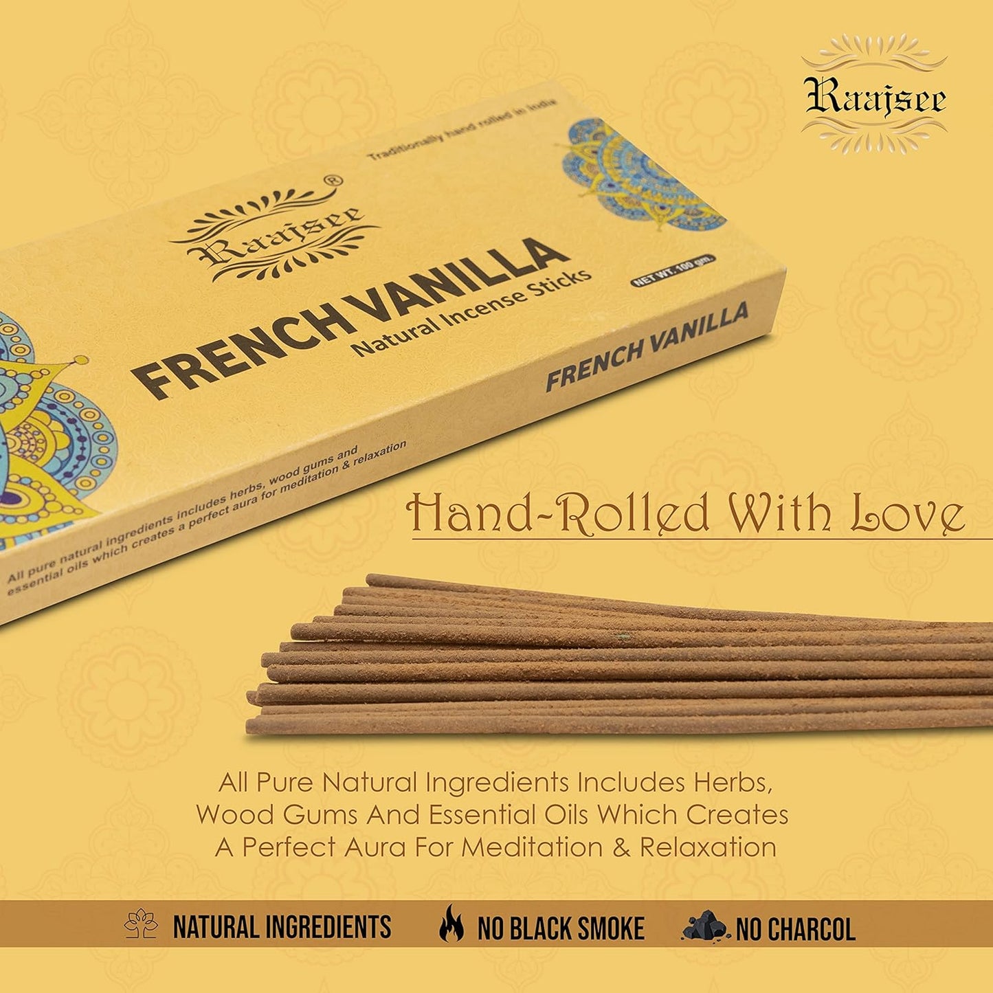 Raajsee Vnilla Incense Sticks 100 Gm Pack-100% Natural Insence Sticks -Organic Non Toxic - Charcoal Free - for Church,Aroma Therapy,Relaxation,Meditation