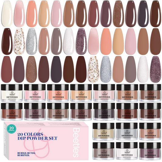 Beetles Nail Dip Powder Kit 20 Colors Nude Pink Glitter Quick Drying Dipping Powder Color Set for French Nail Art Manicure DIY Salon Gift for Women