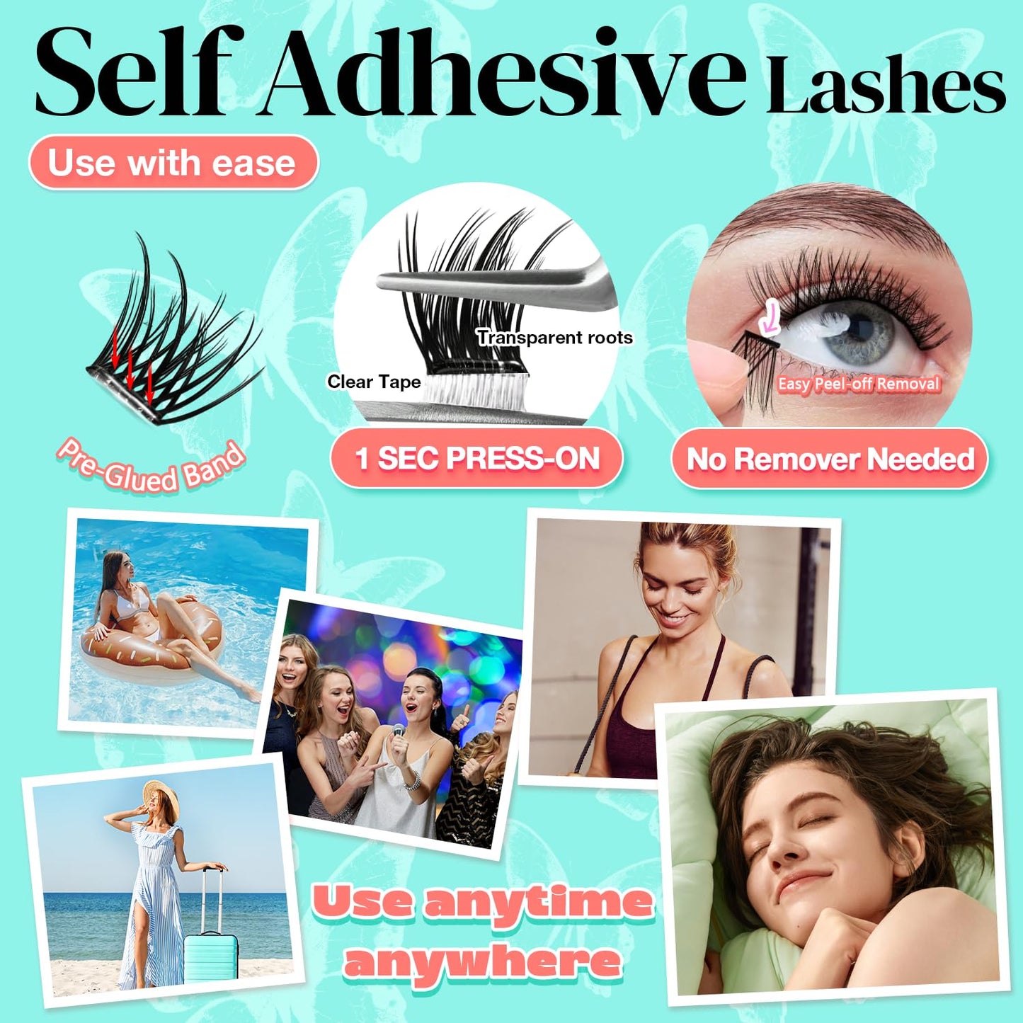 No Glue Needed Lashes, Self Adhesive Eyelashes, DIY Lash Cluster Eyelash Extensions Kit 10‑18mm,120pcs Fluffy D Curl Soft Natural Lashes with Tweezers–Fake Cat Eye Wispy Individual Clusters(NGDY101)