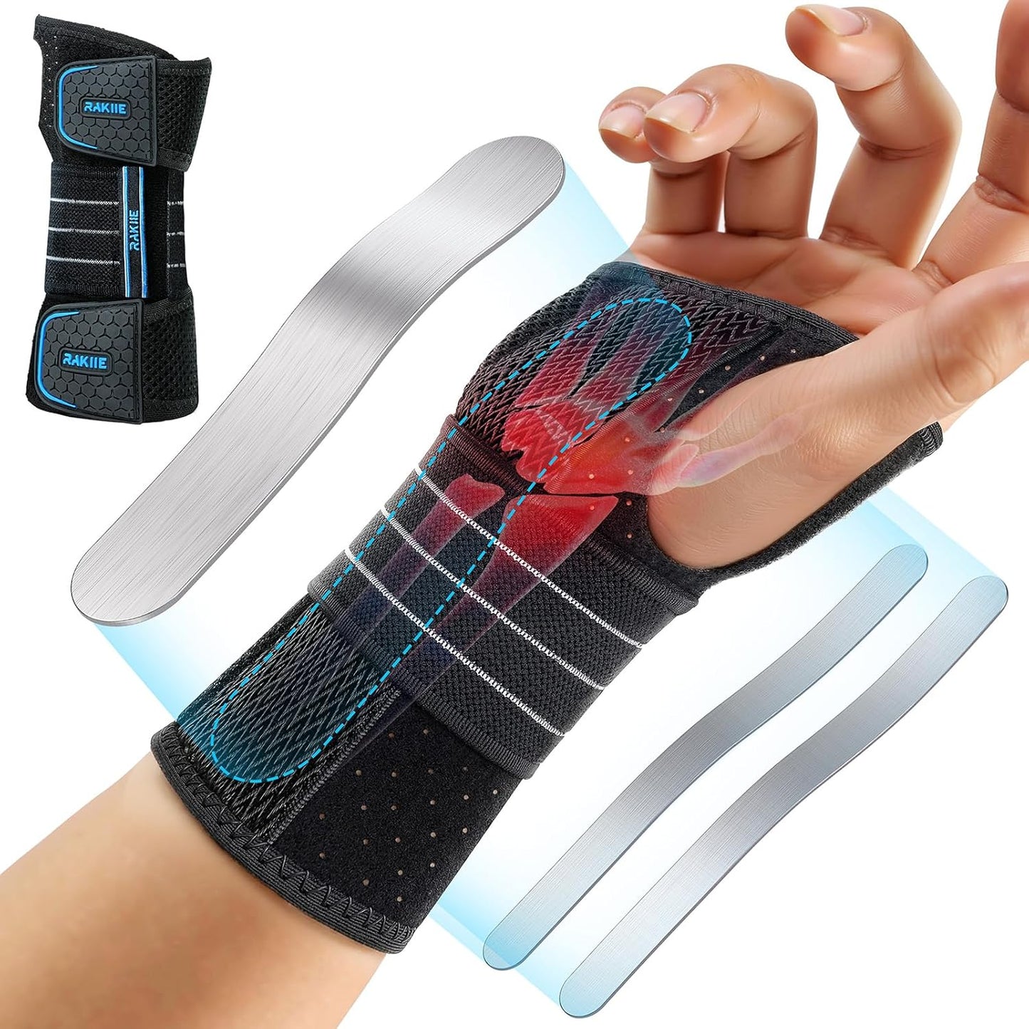 Carpal Tunnel Wrist Brace, Adjustable Night Wrist Support with 3 Straps, Hand Brace for Men Women No Pressure on Thumb, Splint Stabilizer for Work, Blue Right Hand, Size S