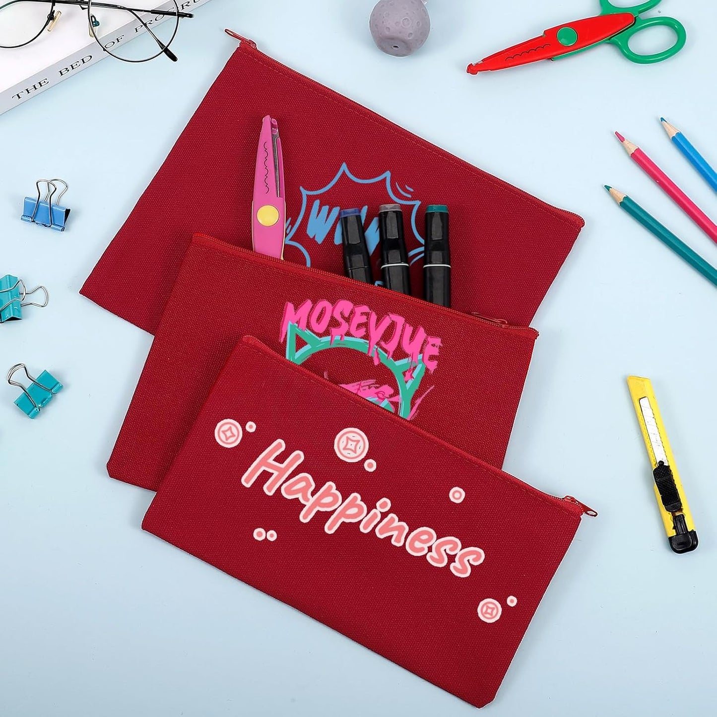 12 Pieces Cotton Canvas Makeup Bag, Multipurpose Cosmetic Bag with Zipper Travel Toiletry Pouch, Blank DIY Craft Bag (Red, S)