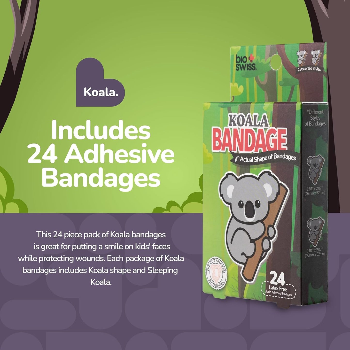 BioSwiss Kids Bandages, Koala Shaped Self Adhesive Bandage Set, Latex Free, Sterile Wound Care, 24 Count