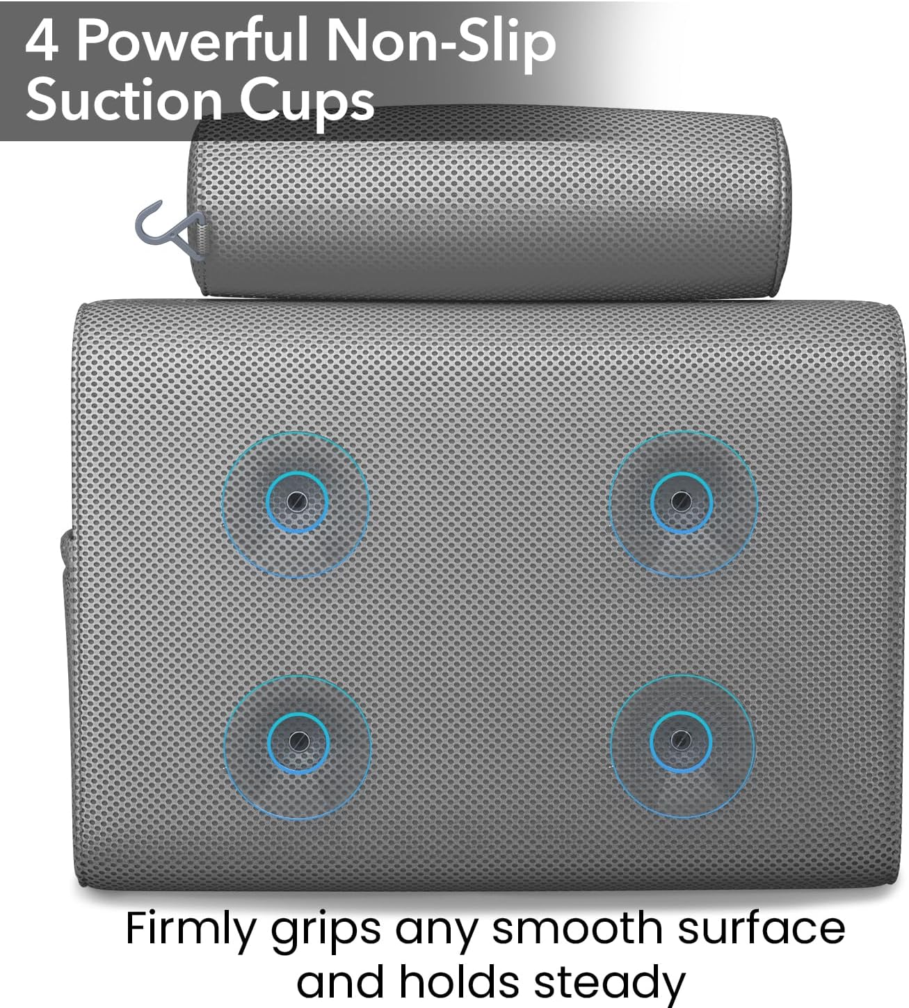 Everlasting Comfort Luxury Bath Pillows for Tub with Head and Neck Support - Non-Slip Bathtub Pillow with Suction Cups, Quick-Drying Mesh & Drying Hook - Jacuzzi & Bathtub Accessories for Women -Gray
