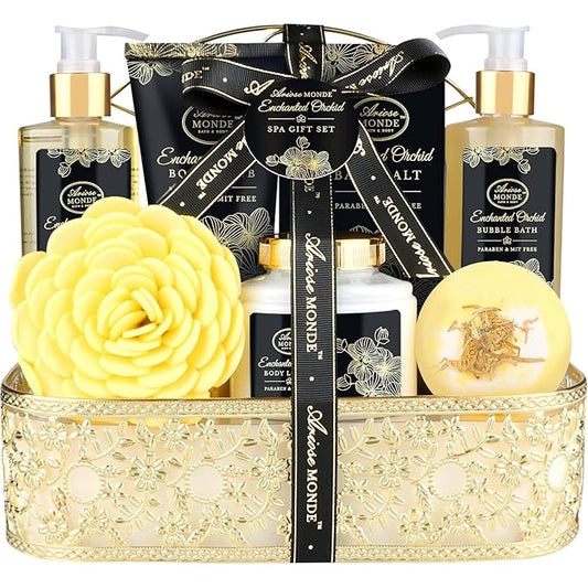 Spa Gift Baskets for Women, Gift Set for Mom Enchanted Orchid Scent, Home Spa Kit with Bubble Bath, Body Lotion, Bath Bomb, Bath Salt, Bath Gift Baskets, Birthday Gifts for Women