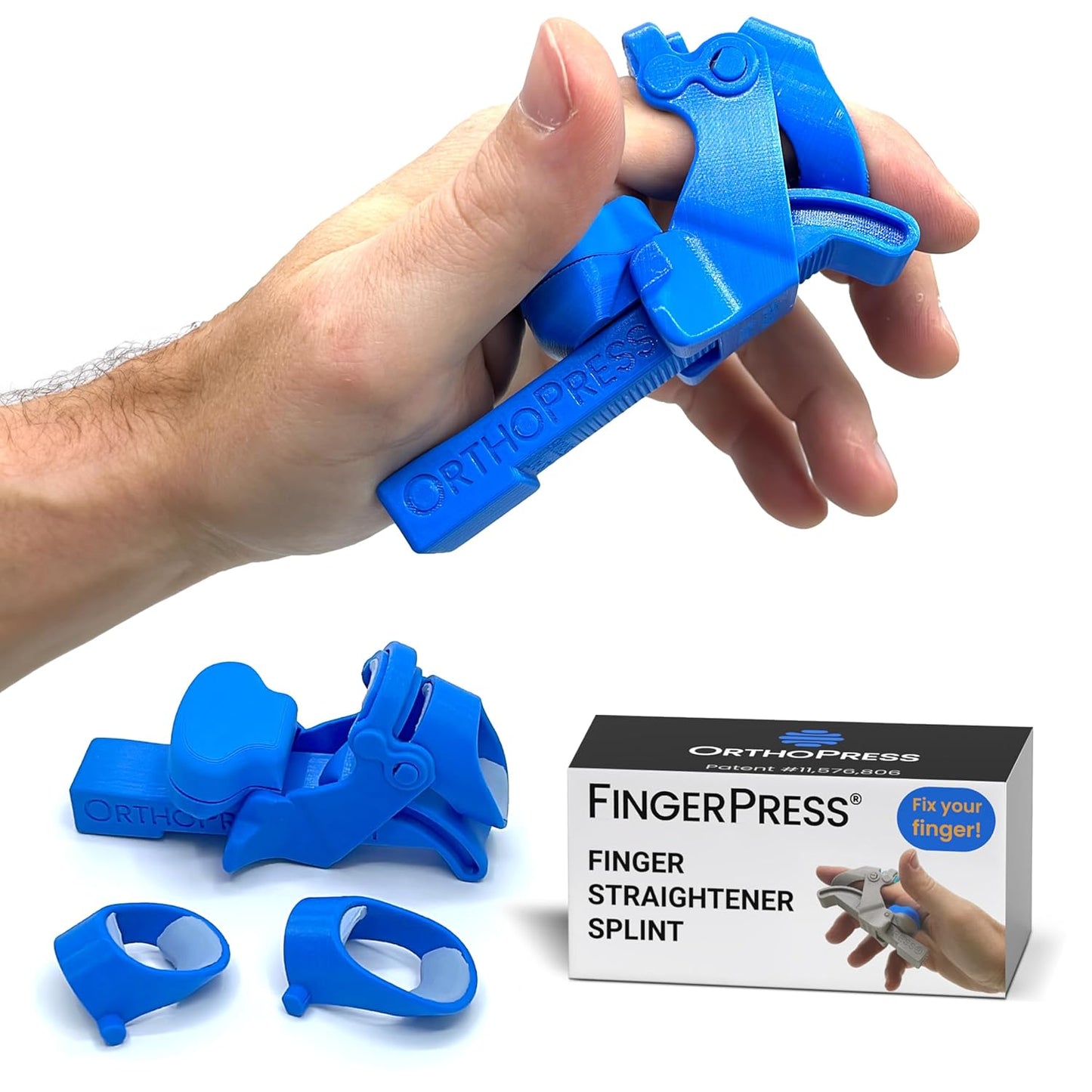Finger Straightener | PIP Extension Orthosis/Splint For Bent Fingers, PIP Flexion Contractures | Adjustable Joint Stretcher Device | Made in USA | Blue/Large
