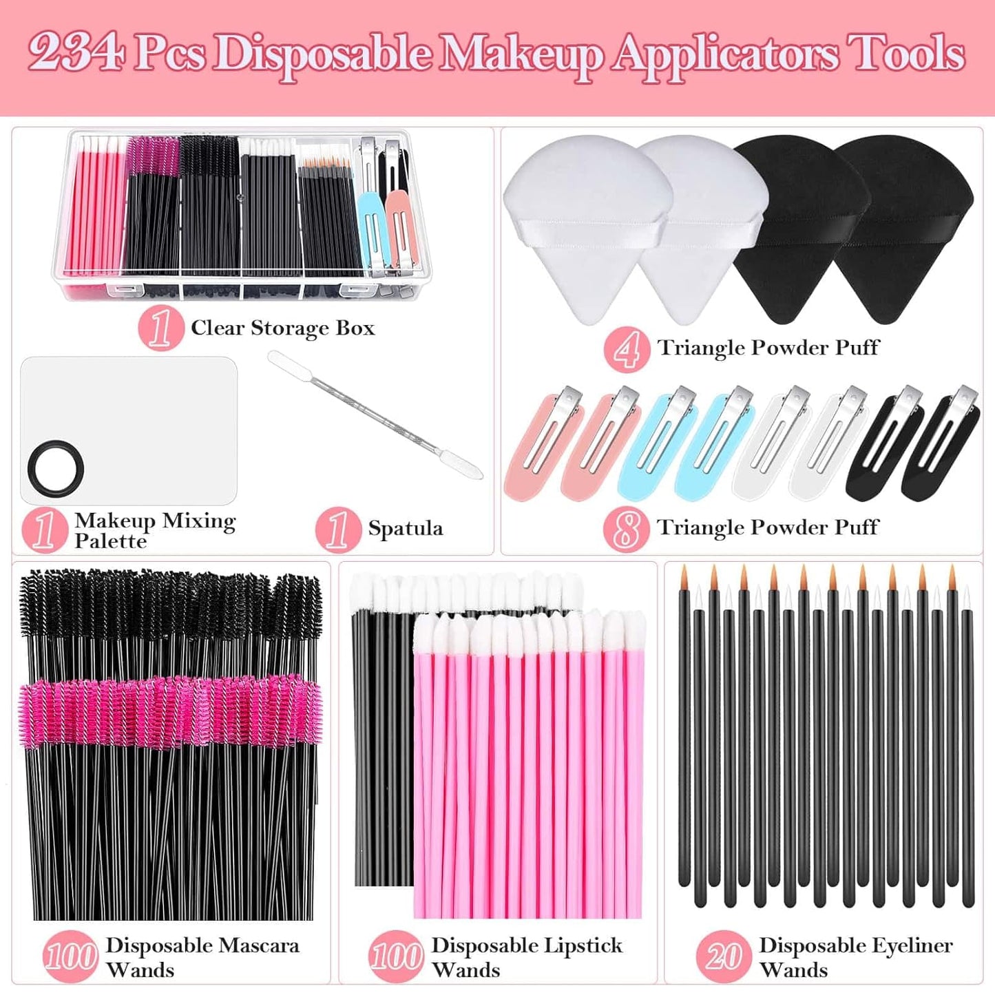 Disposable Makeup Applicators Accessories Kit Makeup Artist Supplies with Mixing Tray Mascara Wands, Lip Brushes, Hair Clips Triangle Puff for Face with Storage Box