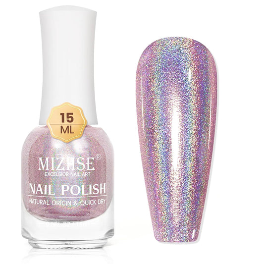 MIZHSE Holographic Nail Polish, Light Purple Glitter Nail Polish Air Dry Fast, 15ml/0.5 fl oz High Glossy Shimmer Nail Pigment Laser Oil-based Nail Lacquer Chrome Halo Nail Art Salon Manicure at Home