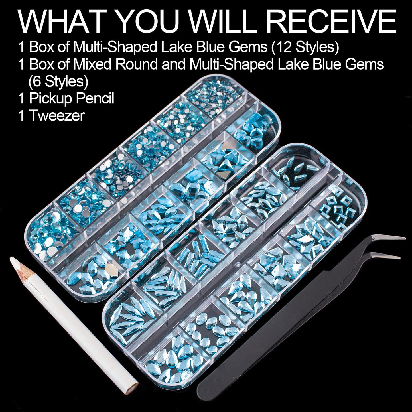18 Styles Multi-Shaped Glass Gemstones for Nails and 6 Sizes Round Crystal Rhinestones Kit #8, Lake Blue Nail Art Charm Bead Manicure Decoration with Pickup Pencil and Tweezer