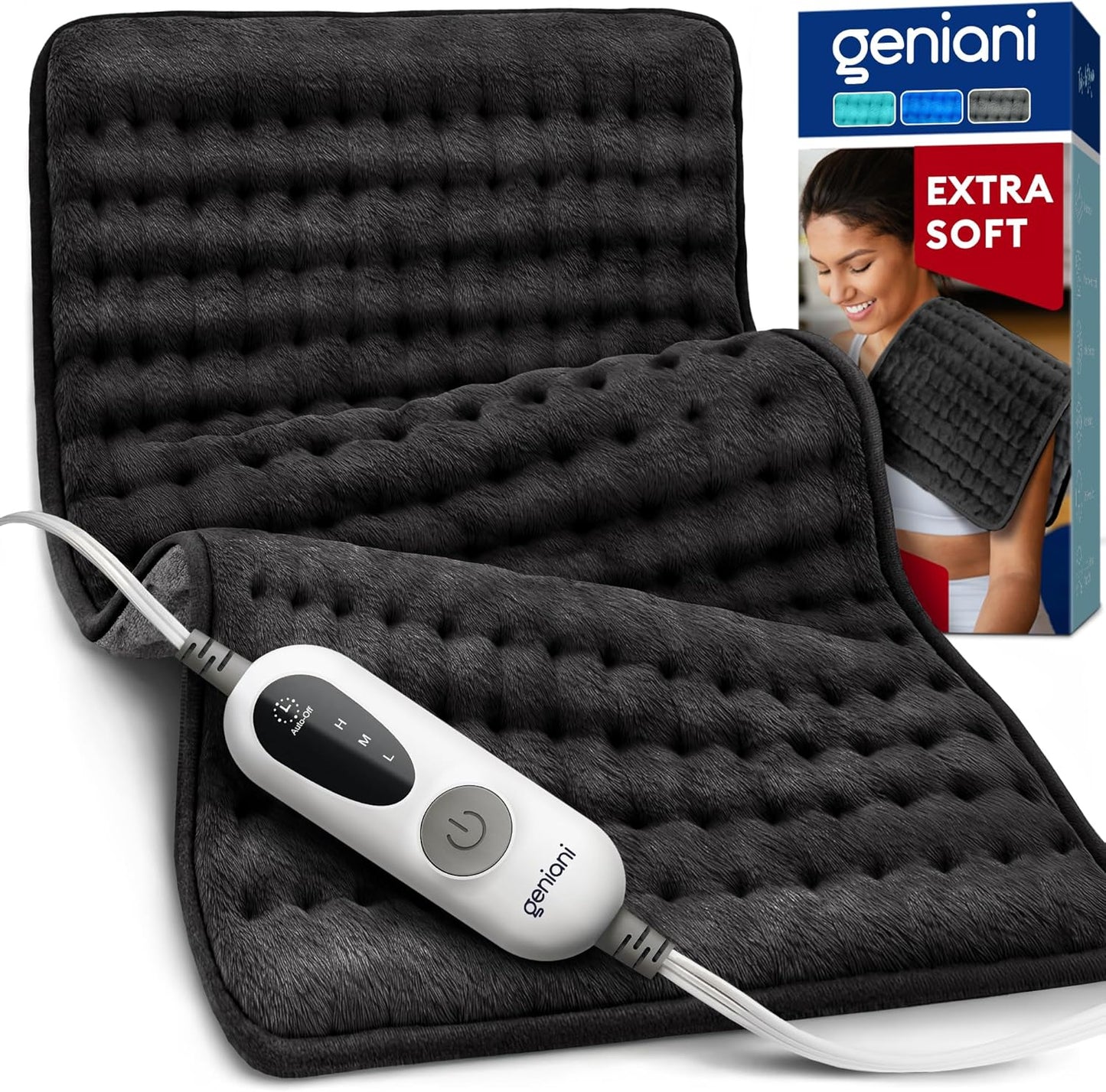 GENIANI Electric Throw – Heated Throw Blanket & Electric Blanket Throw, Heating Pad for Back Pain & Cramps Relief, Auto Shut Off, Washable, Moist Heat Pad for Neck & Shoulder (12"x24" Jet Black)
