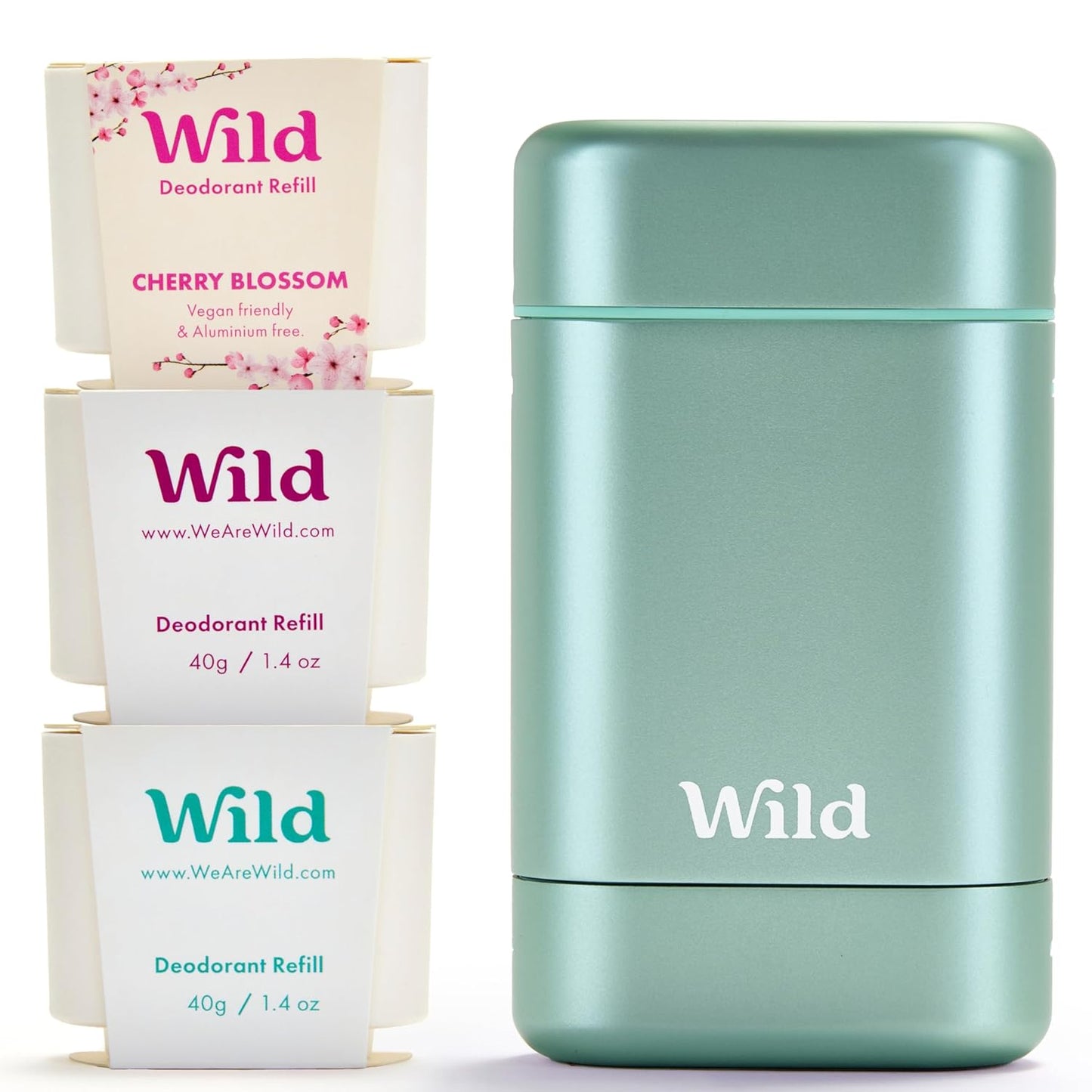 Wild - Aqua Case with Refill Variety Pack - Refillable Deodorant - Aluminum Free - Includes Fresh Cotton & Sea Salt, Cherry Blossom and Coconut & Vanilla Scents - Vegan