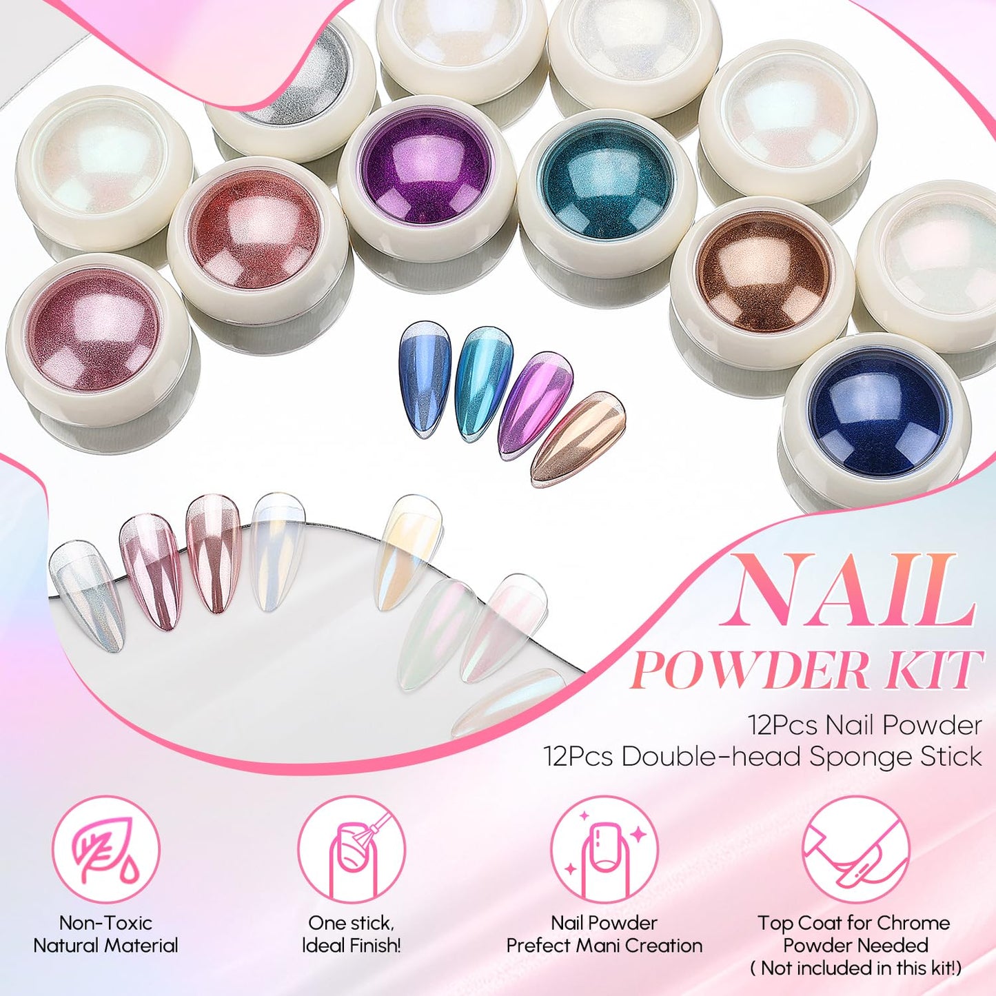 AIMEILI Pearl Nail Powder, Vegan, Cruelty Free, 12 Colors Chrome Aurora Metallic Holographic Mirror Effect Nail Art Pigment Iridescent Shell Glitter Nail Art