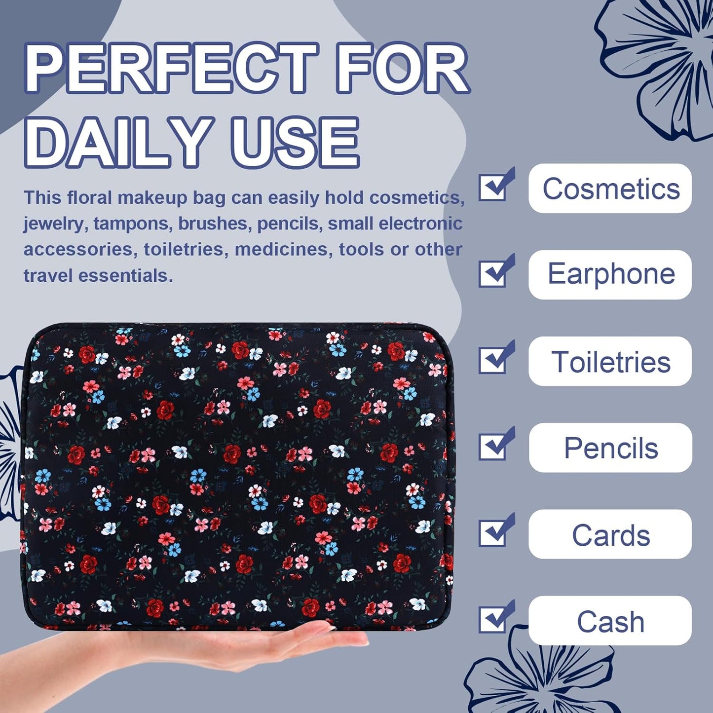 Waterproof Large Floral Makeup Pouch,Nylon Travel Toiletry Storage Purse Preppy Cosmetic Bag for Women Girl,Large Capacity Makeup Organizer Zipper Pouch for Work(L Black-Flowers)