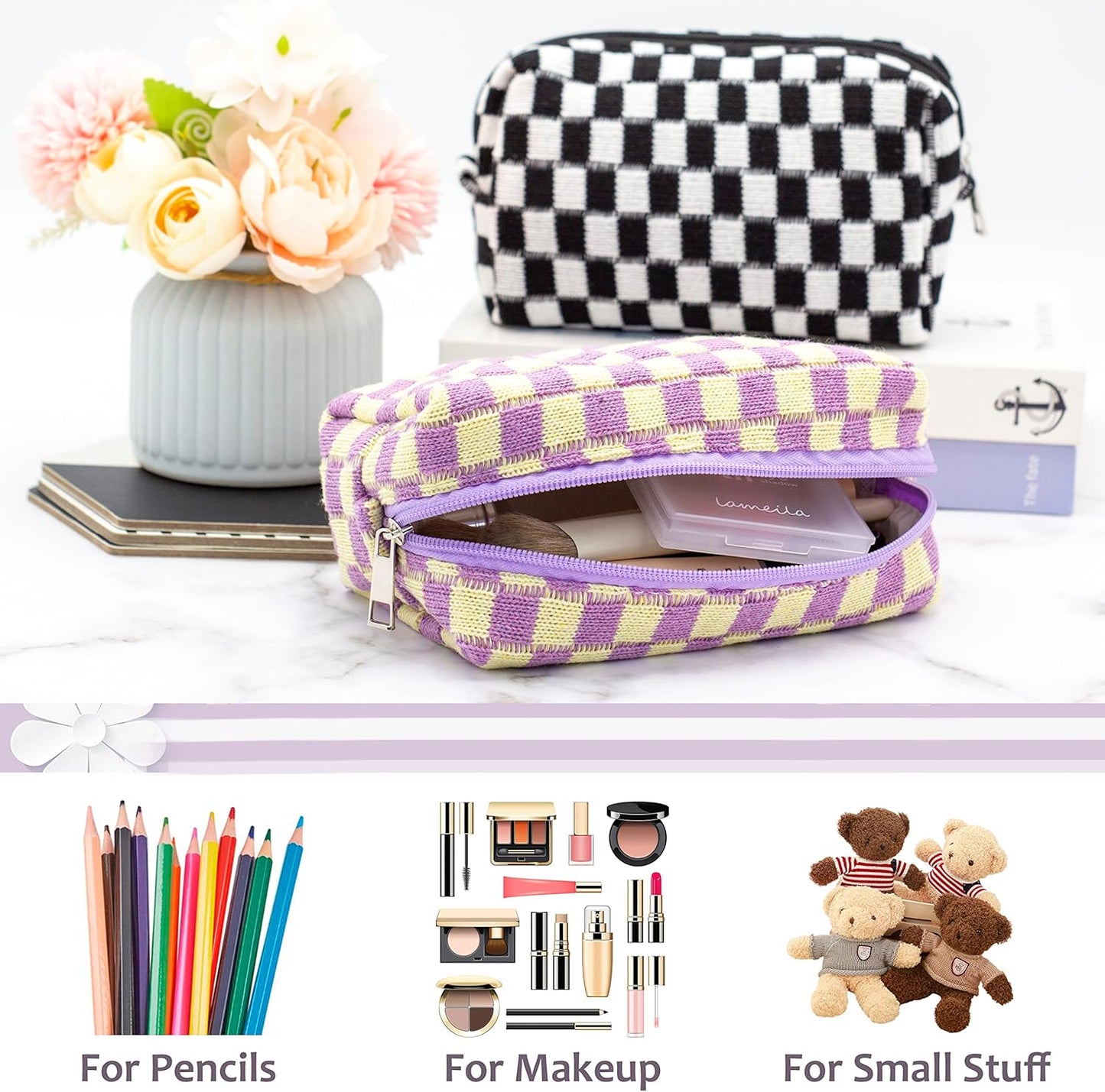 PAZIMIIK Checkered Makeup Bag for Purse Portable Zipper Make Up Pouch Small Cosmetic Case for Travel Accessories (2PCS Purple)