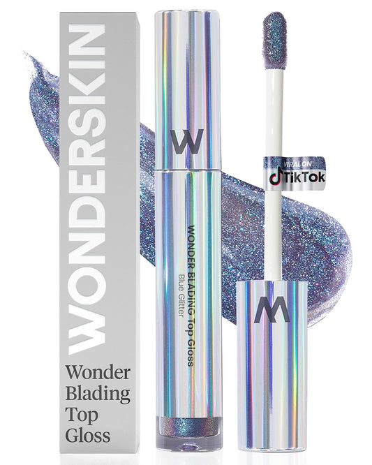 Wonderskin Lip Gloss Blading Top Gloss, Hydrating and High Shine Finish Lip Makeup (Blue Glitter)