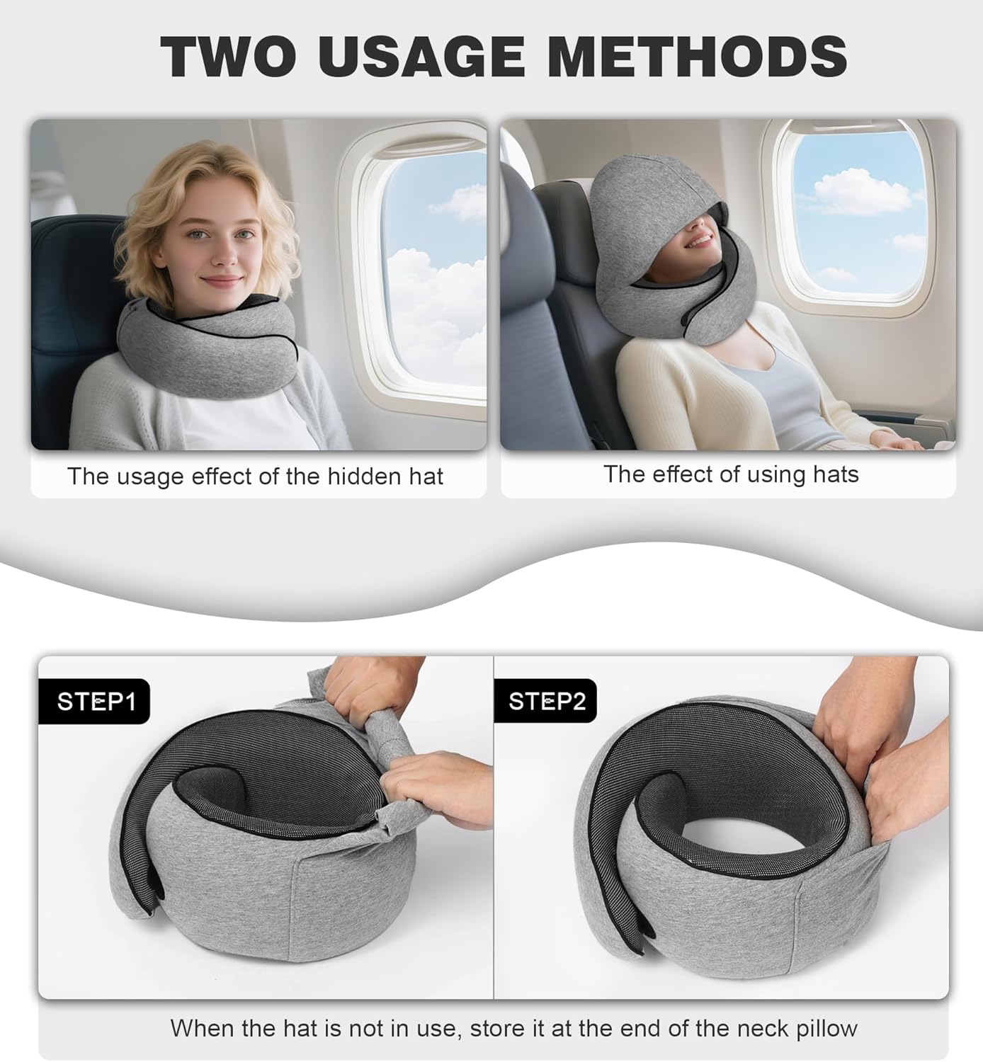 Hidden hat Airplane Travel Neck Pillow, Memory Foam Long-Distance Travel Neck Pillow, Suitable for use on Planes, in Cars and When Sleeping in The Office, Protecting Your Neck.