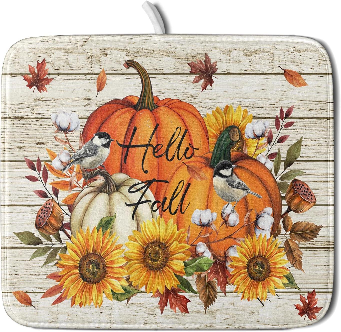 Hello Fall Dish Drying Mat Autumn Pumpkin Dish Drainer Rack Mats 16"x18" Fast Dry Microfiber Dish Drying Pad for Kitchen Countertop Table