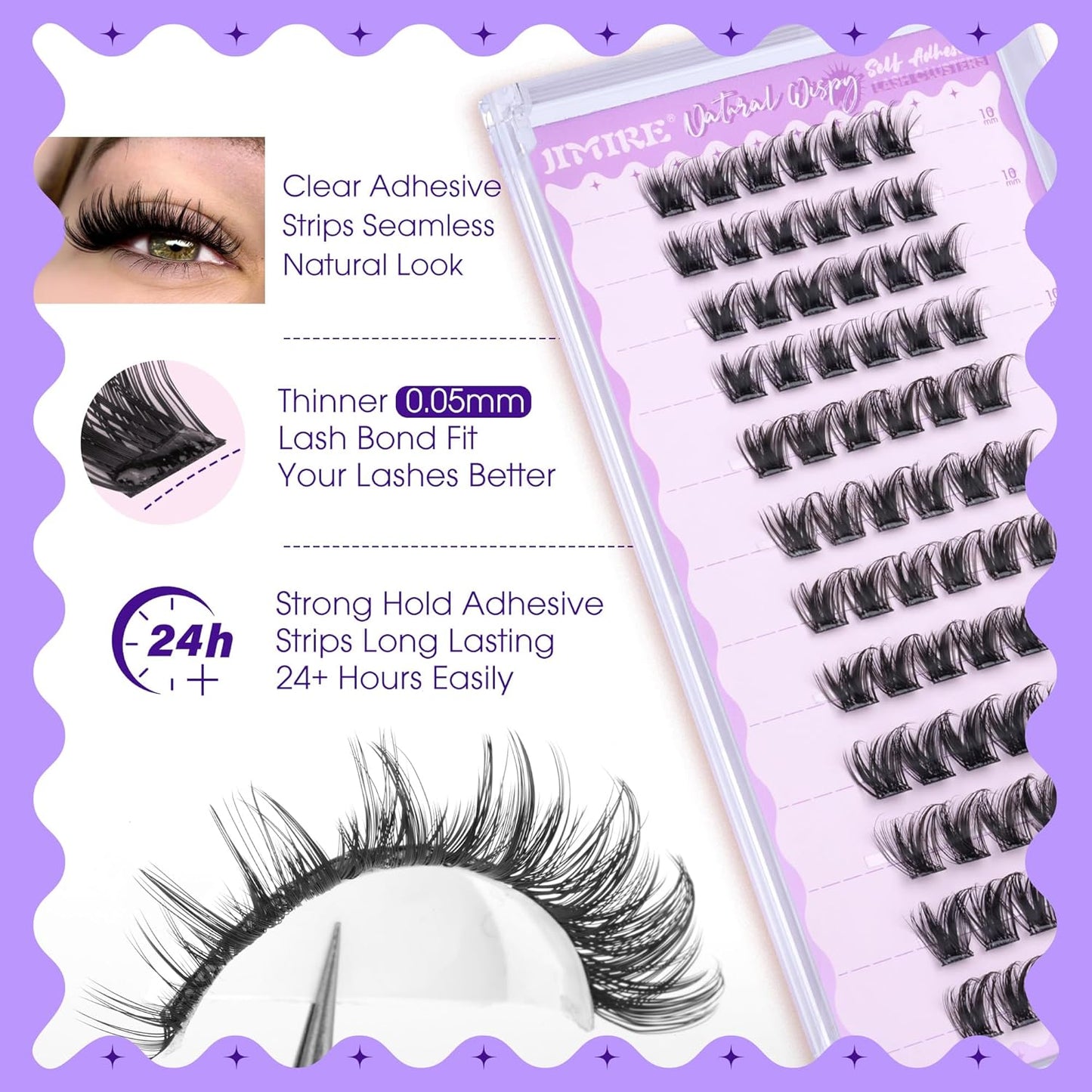 JIMIRE Self Adhesive Eyelashes Manga Lash Clusters Natural Look 10-14MM Wispy Pre Glued Lashes Clusters No Glue Needed D-Curly Natural Cluster Lashes Reusable Invisible Band Press on Lashes