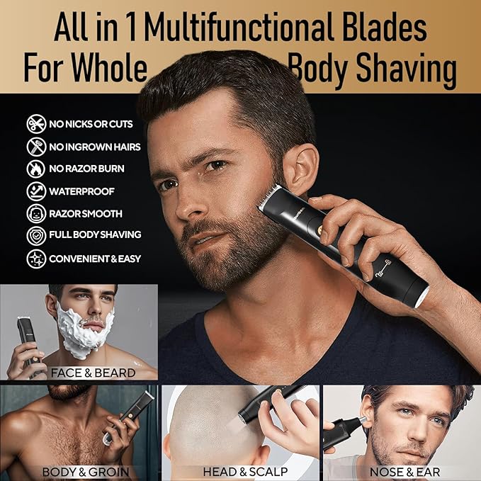 All in 1 Groin & Body Hair Trimmer for Men Bikini Trimmer Women Electric Ball Pubic Shaver IPX7 Waterproof Wet & Dry Use Versatile Shaver for Temple Groin Nose Ear Hairs Beard, Black