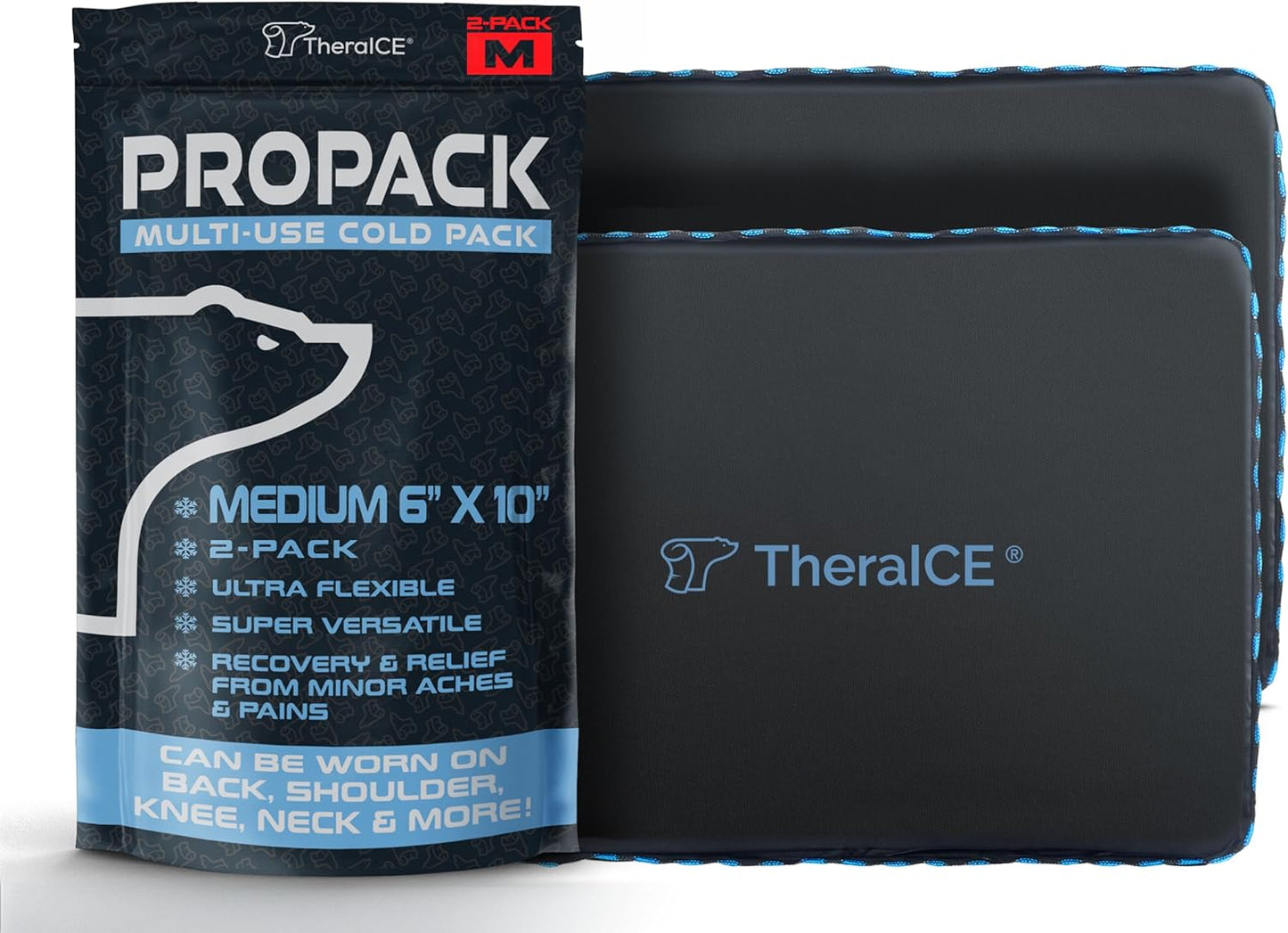 TheraICE PROpack Ice Pack for Injuries, Reusable Soft Multipurpose Cold Gel Ice Pack for Muscular Back Pain, Shoulder, Hip, Knee - Flexible Cold Compress Wrap for Minor Aches & Pains - 6 x 10-2 Pack