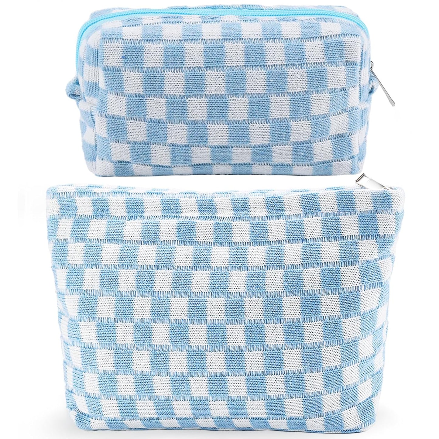 ZLFSRQ 2Pcs Checkered Makeup Bag for Women Large Small Checkered Cosmetic Bag Set Aesthetic Preppy Pencil Case Cute Pencil Pouch Blue Makeup Pouch for Purse Travel Toiletry Bags Zipper Skincare Bags