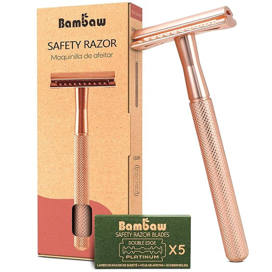Bambaw Safety Razor for Women with 5 Double Edge Blades, Double Edge Razor, Single Blade Razors for Women and Men, Reusable & Plastic Free – Rose Gold