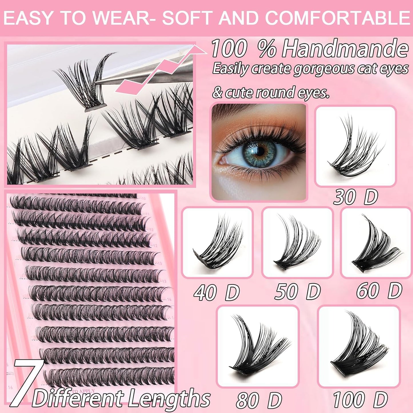640 Pcs D Lash Clusters, Eyelash Clusters Individual Lash Extension Curl Fluffy Wispy False Eyelashes Extensions (Lash Clusters, 40D+50D 9-16mm)
