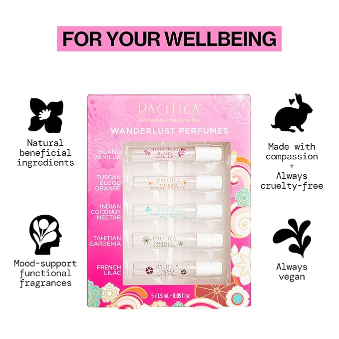Pacifica Beauty, Wanderlust Spray Perfume Trial Set, Island Vanilla, 5 Scents, Fragrance Sampler Gift Set, Natural & Essential Oils, Clean, Vegan & Cruelty Free