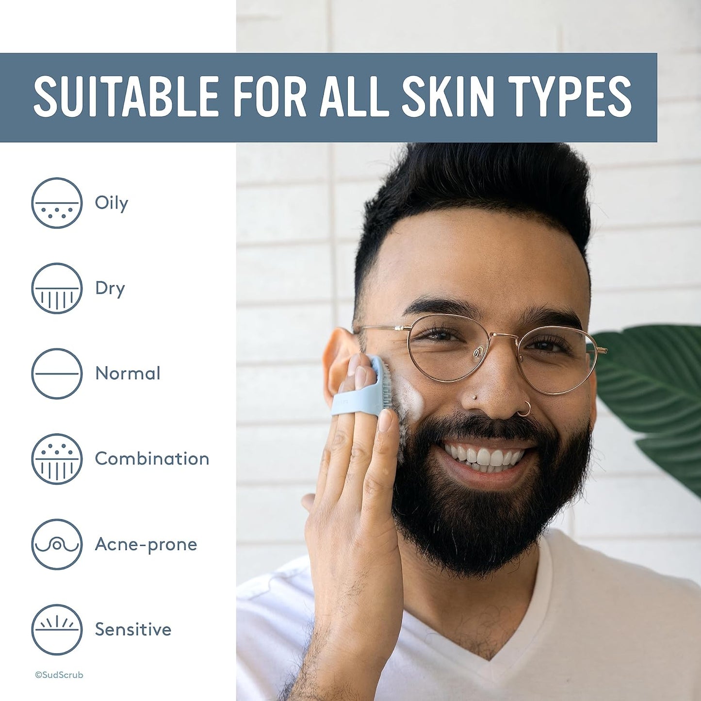 Sud Scrub® Antimicrobial Silicone Face Scrubber, 1 Pack, Gentle Face Exfoliator for Sensitive Skin, Eco Friendly Facial Cleansing Brush, Exfoliating Face Brush for Men and Women (Blue)