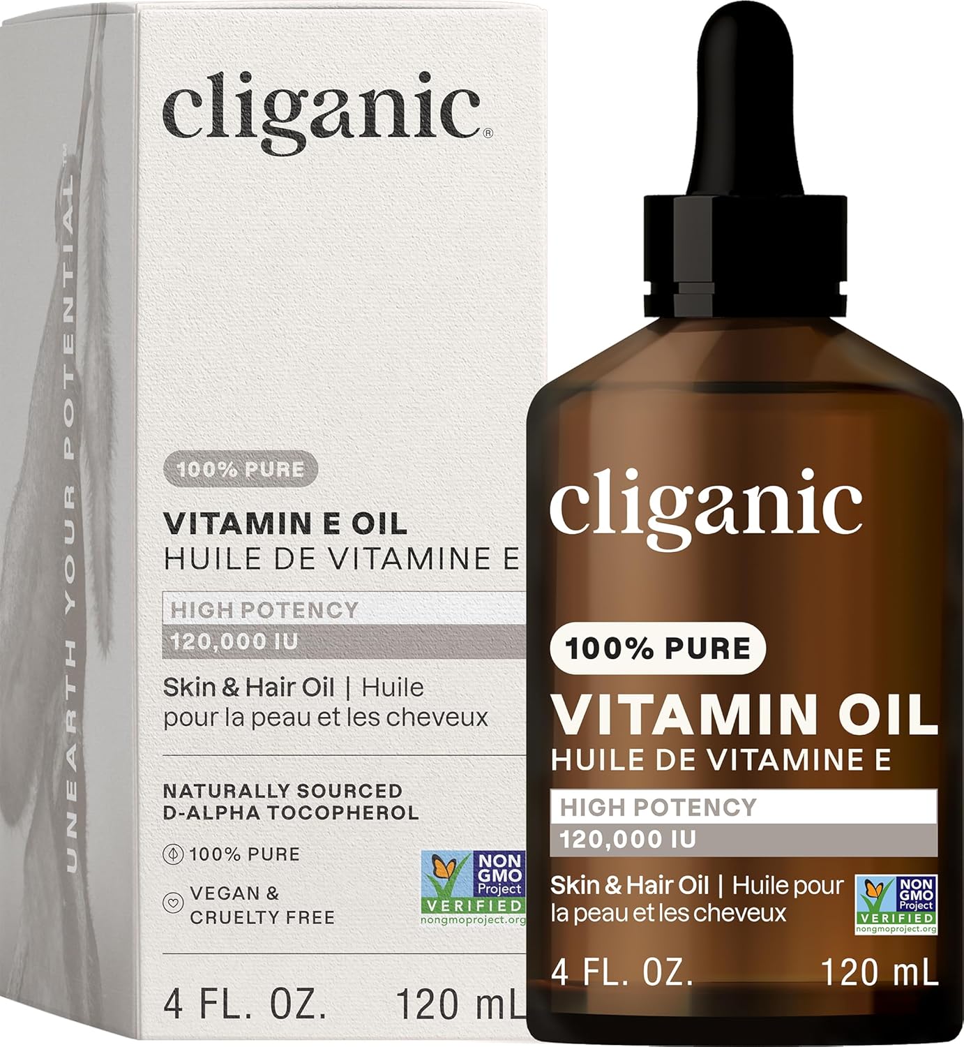 Cliganic Pure Vitamin E Oil for Skin, Scars, Hair & Face - 120,000 IU, Non-GMO Verified | Natural D-Alpha Tocopherol