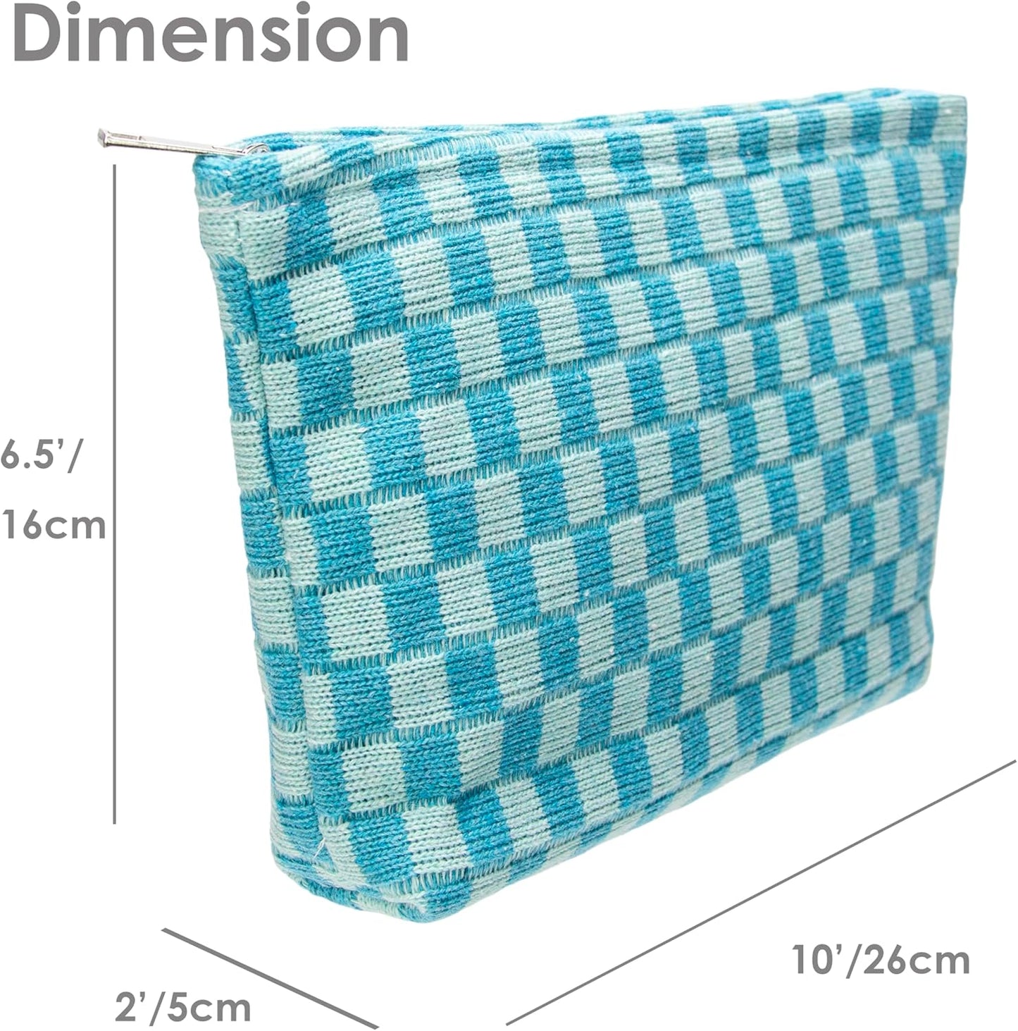 PAZIMIIK Knitted Checkered Makeup Bag Large Zipper Make Up Accessory Pouch for Purse Cosmetic Brush Bag for Travel Essential Lake Blue