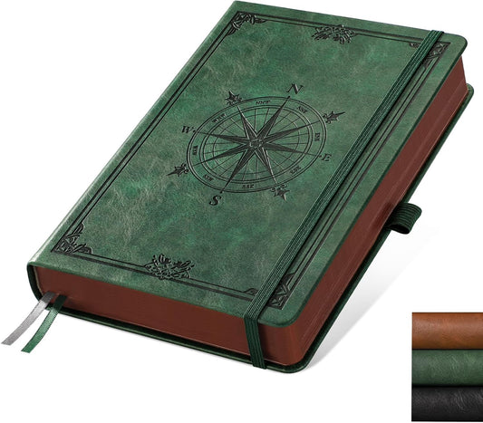 AHGXG Thick Journal Dotted Notebook for Men - 320 Numbered Pages A5 Notebook for Writing, 100gsm Dot Paper, Vintage Leather Hardcover, for Women Work Office School, 5.75'' X 8.38''- Dark Green