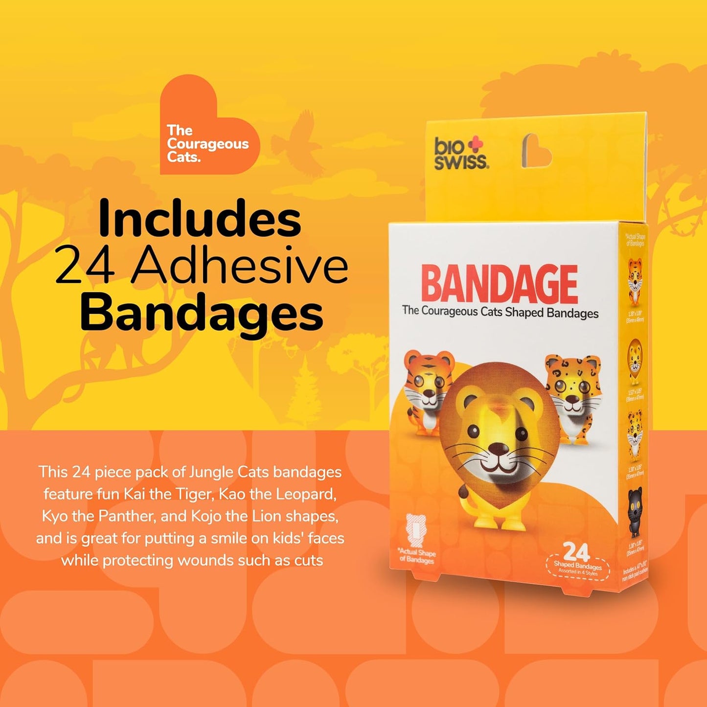BioSwiss Kids Bandages, Courageous Cats Shaped Self Adhesive Bandage Set, Latex Free, Sterile Wound Care, 24 Count